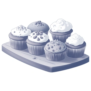 A wooden platter is filled with an assortment of muffins. Each muffin features a distinct flavor and topping. Some muffins are topped with crumbly streusel, while others have smooth glazes or creamy frosting. The muffins are varied in size and shape, some are tall and rounded, while others are more squat and flat. The platter itself has a rustic finish, with visible wood grain and natural knots. The muffins are arranged closely together, creating a visually appealing display.