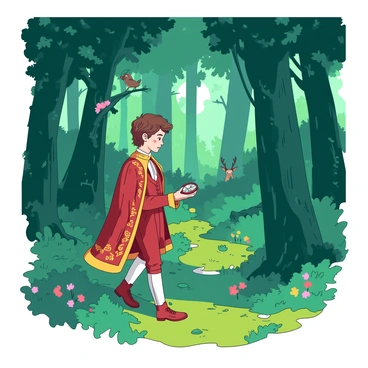 A young prince dressed in a royal outfit with intricate gold embroidery is wandering through a dense, mysterious forest. The forest is filled with tall, dark green trees that tower overhead, their leaves creating a thick canopy. Sunlight filters through the branches, casting dappled shadows on the forest floor, which is covered with green moss and colorful wildflowers. The prince holds a small, ornate compass in his hand, glancing at it with curiosity as he explores the winding path. In the background, there are hints of wildlife, such as a deer peeking from behind a tree and birds perched on branches, adding life to the scene.