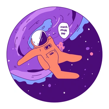 An orange astronaut in a space suit is floating in the vastness of space. The astronaut has a visor reflecting distant stars and celestial bodies. Behind the astronaut, there is a large, colorful galaxy, with swirls of purple and blue. Within the galaxy, a prominent white tag is attached, clearly marked with the words "research gap." The contrast between the astronaut and the galaxy highlights the concept of exploration and discovery in the universe.