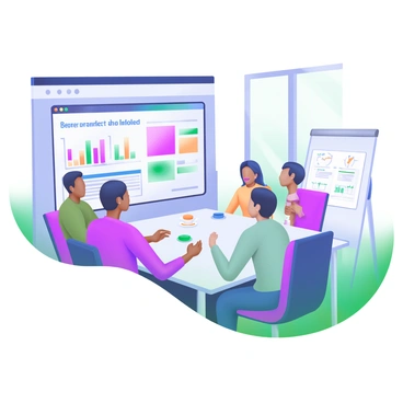 A modern pastel illustration depicting a group of brokers seated around a large conference table in a meeting room. The brokers are diverse in gender and ethnicity, engaged in animated discussion. On the wall, there is a large screen displaying a colorful presentation with various charts and graphs related to market strategies. The room features a sleek design, with a bright atmosphere, large windows letting in natural light, and minimalistic furniture. A whiteboard is filled with notes and diagrams, and coffee cups are scattered on the table.