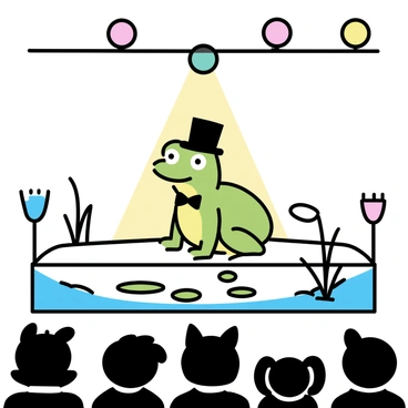 A green bullfrog, with smooth skin and prominent eyes, is standing on a miniature wooden stage. The bullfrog is wearing a tiny black top hat and a small bow tie. In front of him, there are small, colorful spotlights shining down from above. The stage is surrounded by a backdrop depicting a serene pond with lily pads and reeds. Audience members, represented by small animal silhouettes, are sitting in front of the stage, watching intently. The atmosphere is lively, capturing the essence of a performance.