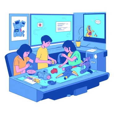 A group of children is busy assembling their own friendly robots in a blue high-tech workshop. Each child is focused on their unique design, working with various colorful robot parts scattered on the workbench. One child is attaching a yellow arm to a robot with a friendly face, while another is connecting blinking lights to a robot that is shaped like a dog. The workshop is filled with tools, wires, and screens displaying interactive designs. A poster on the wall shows different robot ideas, inspiring the children as they collaborate and share their creative ideas.