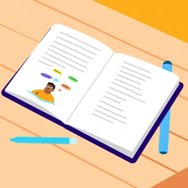 An open personal journal resting on a wooden table. The pages are filled with handwritten notes and sketches, depicting a man's journey with gynecomastia. One page features an illustration of a man looking contemplative, with thought bubbles highlighting his emotions and experiences. Another page contains a list of feelings and reflections, including phrases like "confusion," "acceptance," and "growth." A pen lies beside the journal, and a soft light illuminates the pages, creating a warm and inviting atmosphere.