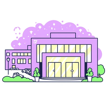 A large hospital building stands prominently at night. The structure features rows of windows, each glowing with warm light from within. The entrance is framed by a pair of large glass doors, flanked by potted plants. Above, a clear sky is dotted with numerous stars, creating a serene backdrop. A parking lot with several cars is located to the side of the building, and a pathway leads from the entrance, illuminated softly by small light fixtures.