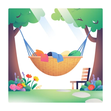 A laundry basket made of woven rattan is gently swaying in a hammock. The hammock is hanging between two sturdy trees with green leaves. The laundry basket is filled with colorful clothes, peeking out from the top. Surrounding the hammock is a tranquil garden filled with blooming flowers in various colors, including red roses, yellow daisies, and purple lavender. A small stone pathway winds through the garden, leading to a wooden bench nearby. Bright sunlight filters through the tree leaves, casting playful shadows on the grass below.