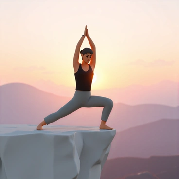 A person, wearing a fitted black tank top and gray yoga pants, is practicing yoga on a rocky cliff edge. The individual is in a warrior pose, with one leg extended back and arms stretched overhead. The setting sun is casting a warm golden glow across the sky, blending shades of orange, pink, and purple. Below, a vast landscape stretches out, showcasing rolling hills and distant mountains fading into the horizon. The scene captures a sense of tranquility and focus, with the person standing firmly against the dramatic backdrop of nature.