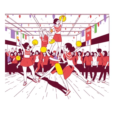 A group of cheerleaders in bright uniforms is performing an energetic routine in a bustling school gym during a pep rally. The cheerleaders are positioned in a pyramid formation, with a few members at the top performing a split. In the foreground, a cheerleader is executing a high kick, while others wave pom-poms in the air. The gym is filled with colorful banners hanging from the walls, and students can be seen cheering enthusiastically in the background. The wooden floor reflects the vibrant atmosphere of the event.