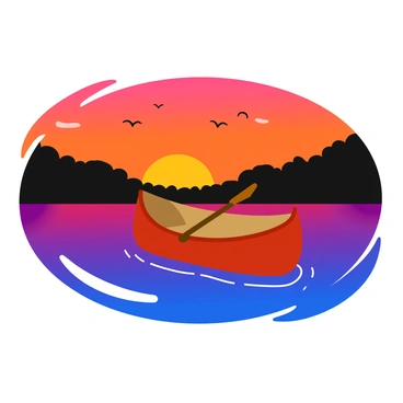 A canoe floating on calm water, with a brilliant orange sunset casting vibrant reflections on the surface. The sky is filled with shades of orange, pink, and purple, blending seamlessly together as the sun lowers on the horizon. Silhouetted trees line the banks, creating a dark outline against the colorful sky. The canoe is simple in design, with a single paddle resting inside, while gentle ripples spread outward from its sides. In the distance, a few birds can be seen flying across the sky, completing this peaceful outdoor setting.