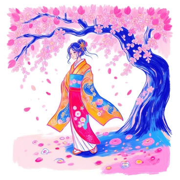 A person wearing a vibrant kimono with intricate patterns is standing gracefully beneath a cherry blossom tree. The kimono features rich colors of red, blue, and gold, with delicate floral designs. The cherry blossom tree is in full bloom, with clusters of pink flowers creating a soft canopy overhead. Petals are gently falling around the person, adding a sense of movement to the scene. The person's hair is styled elegantly, with a decorative hairpin peeking through the flowing locks. The ground is covered with a carpet of pink petals, enhancing the beauty of the setting.