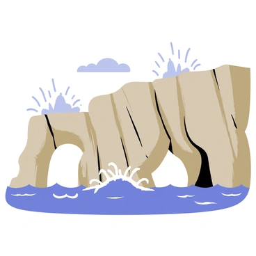 Natural stone arches with rugged textures formed in a cliff next to the sea. The arches are large and towering, displaying shades of gray and brown. Waves crash dramatically through the openings of the arches, creating white foam on their crests. The sea is a deep blue, contrasting with the colors of the stone. Small splashes of water rise high as the waves hit the rocks, and the sky above is partly cloudy, adding depth to the scene.