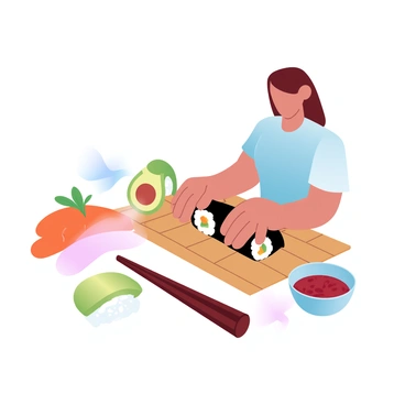A person with a focused posture is rolling sushi with both hands on a bamboo mat. Various colorful ingredients, such as bright green avocado, vibrant orange carrots, and deep red tuna, are neatly arranged beside them. The sushi roll being formed is partially visible, revealing layers of these colorful ingredients. Soft natural lighting enhances the freshness of the ingredients. A small bowl of soy sauce is placed nearby, adding to the culinary scene.