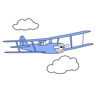A vintage biplane with a streamlined body and prominent wings is flying through fluffy, white clouds. The biplane features a detailed propeller at the front and has a classic design with two stacked wings. The clouds are illustrated with soft curves, creating a sense of movement around the aircraft, while the background remains clear to emphasize the focused scene. The overall image is created using precise lines and minimal shading to highlight the biplane's structure and the texture of the clouds.