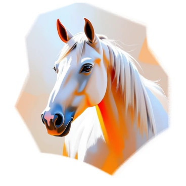 A close-up illustration of a horse's head, capturing its strong features and sleek mane. The horse has a defined jawline, large expressive eyes, and pointed ears that convey alertness. The mane flows back gracefully, with distinct strands highlighted. The background is simple to emphasize the horse's head in the foreground. The use of bold lines defines the contours, and there are halftone dots providing texture across the surface, enhancing the dynamic appearance of the horse's coat.