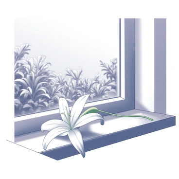 A single "white lily" gently resting on a "windowsill." The "petals" of the lily are open and displaying their delicate structure. The "stems" support the flower with a touch of green. In the background, a "lush garden" is visible through the window. The garden features various plants and foliage, creating a detailed and rich natural environment. The light streaming in highlights the smooth surface of the windowsill.