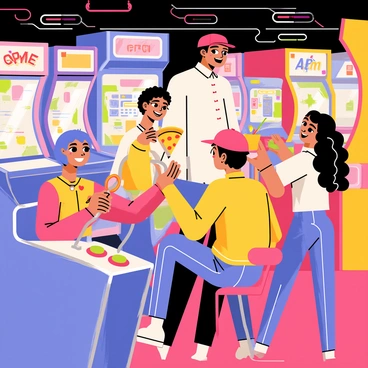 A group of four friends is gathered in a neon-lit arcade hall, surrounded by vibrant, colorful light. One friend, a young woman with short blue hair, is enthusiastically playing a classic racing game, gripping the steering wheel tightly. Next to her, a tall man with glasses is cheering her on while holding a pizza slice in one hand. To the right, a boy with a red baseball cap is focused on a fighting game, his brows furrowed in concentration as he presses the buttons. A girl with long curly hair is laughing as she watches them, holding a drink with a colorful straw. Various arcade machines with bright screens and pixelated graphics are scattered throughout the background, creating an atmosphere of excitement and nostalgia.