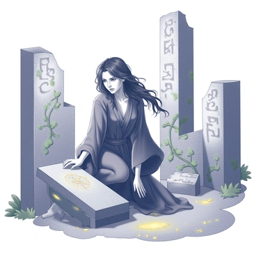 A woman with long, wild black hair and an intense expression stands among ancient stone ruins. She is dressed in dark, flowing robes that billow around her as she moves. The ruins are overgrown with vines and moss, hinting at their long-abandoned state. Crumbling pillars and carvings of mysterious symbols surround her, creating an air of historical significance. She is kneeling beside a half-buried stone tablet, examining it closely with a look of determination. A faint glimmer of gold peeks out from the earth nearby, suggesting hidden artifacts yet to be discovered.