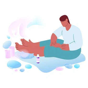 A practitioner is gently massaging the feet of a client during a reflexology session. The practitioner is wearing comfortable attire and has their hands positioned skillfully on the client's feet. The client is seated in a relaxed position, with their feet supported on a soft cushion. Surrounding them are various elements related to relaxation, such as candles and soothing stones. A calming atmosphere is conveyed through soft lighting and pastel colors. A pair of essential oil bottles and a towel are also visible nearby to enhance the experience.