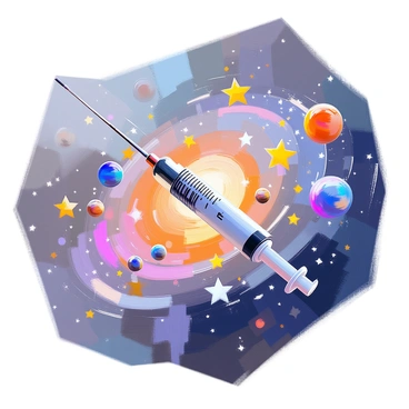 A large, detailed syringe is positioned at the forefront, with its needle pointed outward. The syringe is actively releasing a cascade of vibrant stars and miniature planets. The stars vary in size and brightness, with some glowing in shades of yellow, blue, and white, while the planets are depicted in various colors and textures, showing rings and surface details. These celestial elements swirl together, creating a dynamic motion that forms a galaxy-like spiral in the background. The galaxy is filled with a deep, rich cosmic palette, showcasing dark blues and purples, punctuated by bright starlight.