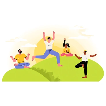 A group of diverse individuals, including men and women of various ages, are practicing yoga on a grassy hilltop. Each person is in a different yoga pose, such as downward dog, tree pose, and seated meditation. The hill is covered with lush green grass, and in the background, the morning sun is rising, casting a warm golden light across the scene. Soft rays of sunlight create a gentle glow around the figures, illuminating their relaxed expressions and the surrounding landscape. A few fluffy white clouds are scattered across the sky, adding depth to the tranquil atmosphere.