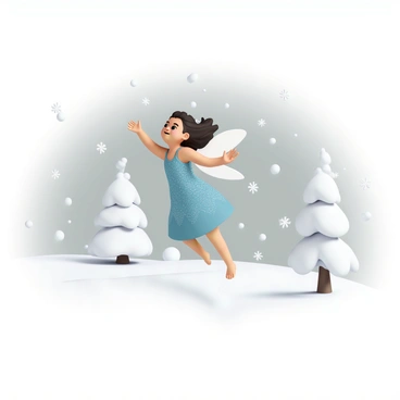 A tooth fairy with delicate, shimmering wings is flying playfully in a snowy landscape. She is wearing a sparkling blue dress that catches the light as she flits through the air. Snowflakes are swirling around her, creating a magical flurry. In the background, there are snow-covered trees with a soft blanket of snow on the ground. The sky is a soft gray, with more snowflakes gently falling, enhancing the enchanting atmosphere of the scene.