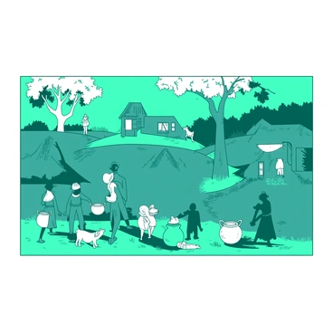 A wall is painted in a vibrant teal, showcasing intricate Warli art. The artwork depicts various scenes of village life, including figures of villagers engaged in farming activities, women carrying water pots, and children playing. There are stylized trees and animals represented in white, creating a contrast against the teal background. The overall composition is filled with detailed patterns and symbols typical of Warli art, illustrating a sense of community and harmony.