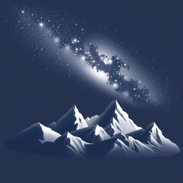 A silhouette of rugged mountains rising sharply against a dark background. The peaks are jagged and distinct, creating a dramatic outline. Above the mountains, a vast expanse of night sky spreads out, filled with numerous stars that twinkle brightly. The "Milky Way" stretches across the sky in a sweeping arc, dotted with a dense cluster of stars, creating a striking contrast against the deep black of the night.