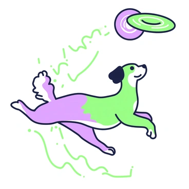 A dog in mid-air reaching for a frisbee, illustrated with sweeping lines