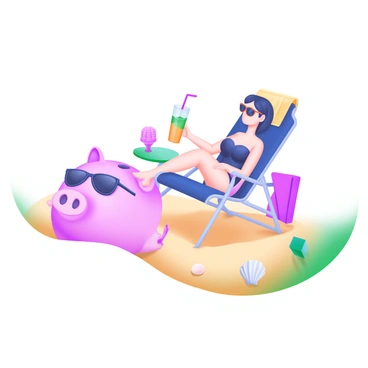 A scene depicting a person relaxing on a beach chair, wearing sunglasses and a comfortable summer outfit. The person is holding a colorful drink with a straw, placed on a small table beside them. Next to the chair, there is a giant piggy bank made to look like a traditional pig, half-buried in the warm, golden sand. The surrounding area features a few scattered seashells and a beach towel, completing the relaxed beach atmosphere.