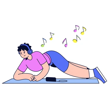 A person is performing knee push-ups on a soft exercise mat. They are wearing a comfortable athletic outfit consisting of a fitted t-shirt and athletic shorts. The individual has headphones on, with a cord running down to a small music device placed beside them on the mat. The person's arms are bent at the elbows as they lower their body towards the mat. Their facial expression reflects concentration and focus. A few colorful music notes are illustrated floating around them to indicate music is playing.