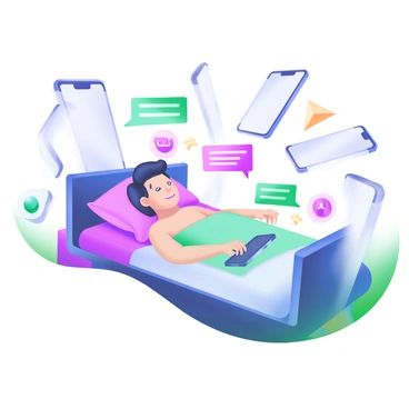 A person lying in a bed constructed entirely of smartphones, surrounded by a flurry of notifications displaying various icons such as messages, reminders, and alerts. The person, appearing slightly groggy, is reaching for a smartphone on the side of the bed. The room is softly illuminated by the glow of the screens, casting a gentle light across the scene. Various smartphone screens are arranged in an organized yet slightly chaotic manner, with messages popping up as if buzzing around the individual.