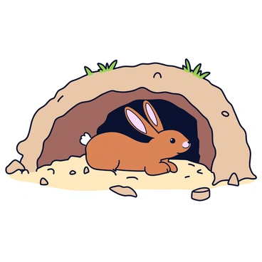 An underground view of a hare's burrow. The burrow is lined with soft earth and small tufts of grass. At the entrance, there is a small mound of dirt. A brown hare with long ears is peeking out from the entrance, its eyes wide and alert. The interior of the burrow has a few scattered bits of hay and the walls are textured with roots and soil. Light filters in from the entrance, illuminating the hare's fur.