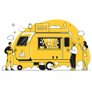 A food truck designed to resemble a train car, with rounded corners and a metallic exterior. The front of the truck features a large window serving hot chocolate, with steam rising from a stack of mugs filled with the warm beverage. The truck is adorned with decorations reminiscent of the Polar Express, including snowflakes and holiday lights. The area around the truck has a snowy background, with a few people standing in line, holding warm mugs and wearing winter clothing. A sign on the side of the truck reads, "Hot Chocolate" in decorative lettering.