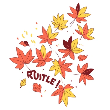 A collection of vibrant autumn leaves in shades of orange and yellow is swirling in the air, caught in a gentle breeze. Each leaf displays intricate veins and textures, showcasing their seasonal richness. Among the leaves, the word "Rustle!" is integrated into the scene, appearing as if it is made from the swirling leaves themselves, accentuating the movement and sound of the fall breeze. The background is softly blurred, allowing the focus to remain on the leaves and the energetic motion they create.