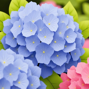 A sunny day with a close-up view of hydrangeas blooming in a well-tended garden.