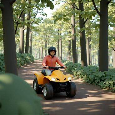 A rider, wearing a black helmet and bright red jacket, is navigating an all-terrain vehicle (ATV) along a narrow, winding path. The ATV is a striking yellow color with black accents. Surrounding the path, tall trees, with thick trunks and vibrant green leaves, create a dense canopy overhead. Sunlight filters through the leaves, casting dappled shadows on the ground. The forest floor is covered with rich, dark soil and patches of underbrush, adding to the lushness of the scene. The rider's expression is focused and determined as they maneuver around bends in the trail.