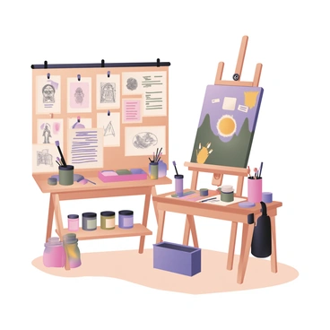 A digital flat illustration depicting an artist's studio. The studio features an easel with a canvas displaying a partially completed painting. Surrounding the easel are various sketches pinned to a corkboard on the wall, showcasing different artistic styles and subjects. On a nearby table, there are several jars of paints in bright colors, with brushes resting in some of them. A wooden shelf is filled with art supplies such as pencils and erasers. A pricing list is pinned to the wall next to the sketches, listing various art pieces and their corresponding prices. The floor is wooden and slightly cluttered with art materials, creating an inviting, creative atmosphere.
