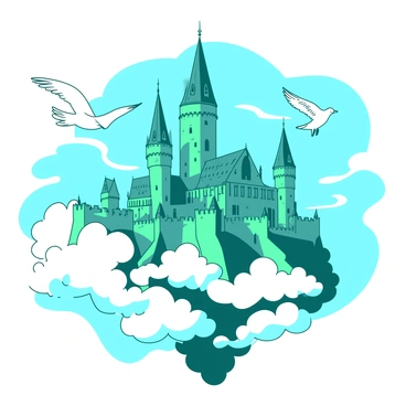 A majestic castle floating among the clouds, with blue skies and birds flying around