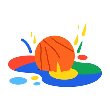 A bright orange basketball is shown splashing into a large puddle of paint that features vibrant colors including blue, red, yellow, and green. The basketball is partially submerged, with droplets of paint flying outward in all directions. The puddle reflects the colors of the paint and creates a dynamic, colorful scene. The action is captured mid-splash, emphasizing the energy of the moment.