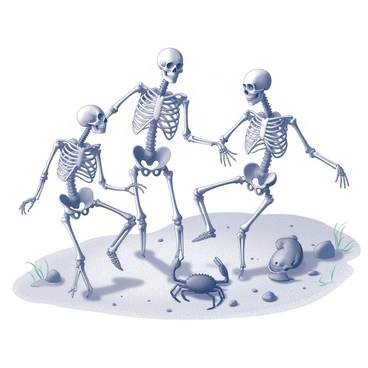 Several skeletons of various sea creatures are positioned on the ocean floor. One skeleton is that of a large fish, with its intricate ribcage and skull clearly defined. Nearby, a smaller skeleton of a crab, with its distinctive claws spread, is also present. The scene captures the skeletons in dynamic poses, as if they are engaged in a dance. The ocean floor is sandy and scattered with small rocks and seaweed, providing a natural habitat backdrop. The water above is slightly disturbed, creating gentle ripples that enhance the sense of movement in the scene.