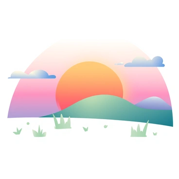 A landscape featuring rolling hills is in the foreground, with a sun setting behind them. The sky is filled with a gradient of vibrant colors, transitioning from deep orange near the horizon to soft pink and light purple higher up. Silhouetted against the colorful sky are the outlines of the hills, creating a gentle curve across the scene. Small patches of green grass can be seen in the foreground, enhancing the natural setting. A few wispy clouds are scattered across the sky, reflecting the colorful hues of the sunset.