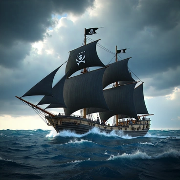 A pirate ship with dark sails and a weathered wooden hull is sailing on turbulent high seas. The ship features a skull and crossbones flag flying from the main mast. Waves crash against the sides of the vessel, creating splashes of white foam. The sky above is filled with dark, swirling storm clouds, with rays of sunlight breaking through in some areas. The ship's crew can be seen actively managing the sails, their expressions focused and determined as they navigate the rough waters.