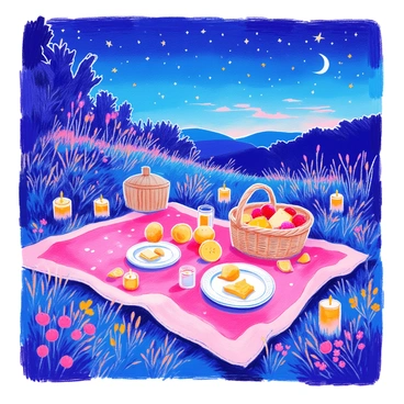 A picnic scene is set on a grassy area under a night sky filled with twinkling stars. A large, cozy blanket is spread out on the ground. On the blanket, there are a basket filled with fruits and cheeses, alongside two plates and glasses. Soft candlelight from several small candles creates a warm glow around the picnic setup. Nearby, a few wildflowers add color to the scene. The atmosphere is inviting and perfect for a romantic evening.