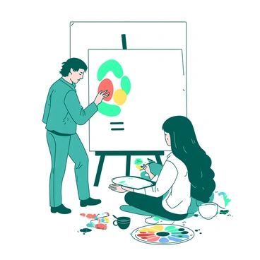 A teal artist stands in front of a large white canvas, holding a paintbrush in their right hand, deep in concentration as they create a colorful artwork. Next to the artist, a white artist is seated, engrossed in their work on a digital tablet, with fingers gliding over the screen. The scene is filled with various color palettes and paint tubes scattered on the ground beside the teal artist. The background suggests a bright and creative atmosphere, emphasizing the collaboration between traditional and digital art.