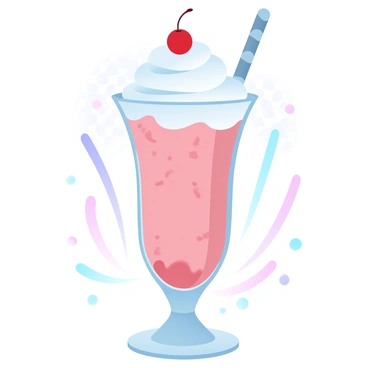 A retro diner-style glass filled with a thick strawberry milkshake, topped with a generous swirl of whipped cream. The milkshake has a pink hue with visible strawberry bits mixed in. A vibrant red cherry sits on top of the whipped cream. The glass is elegantly designed with a curved shape and a shiny metallic rim. Surrounding the glass are colorful straws in various pastel shades, and in the background, there's a subtle hint of a checkered tablecloth pattern.