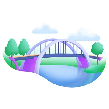 A modern pastel illustration depicting a bridge with symmetrical arches spanning across a calm body of water. The arches of the bridge are elegantly designed, creating a perfect mirror reflection in the water below. Surrounding the bridge are lush green trees and a clear blue sky, enhancing the serene atmosphere of the scene. The water reflects the bridge and the trees, creating a harmonious balance of colors and shapes.