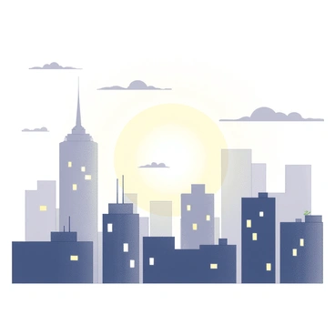 The skyline of a city is silhouetted against the horizon as the first light of dawn emerges. Buildings of varying heights are visible, with some featuring antennas and rooftop gardens. The light delicately illuminates windows, creating a soft glow. Wispy clouds are scattered across the sky, enhancing the sense of a new day beginning. The scene captures an atmosphere of anticipation, as the city slowly awakens to the morning light.