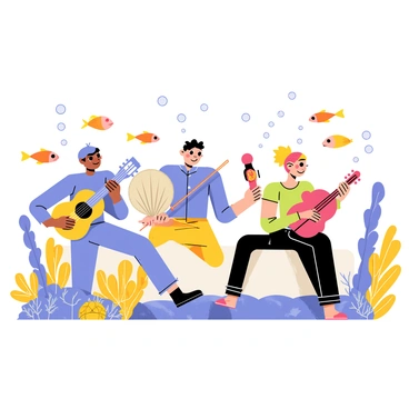 An underwater concert scene featuring musicians playing various instruments. A guitarist with a blue-colored guitar is positioned in the center, surrounded by a drummer playing a conch shell drum. A violinist with bright red coral-inspired accessories plays gracefully to the side. Vibrant schools of fish in shades of orange, yellow, and blue swim around the musicians. Various types of coral, including fan coral and brain coral, create a colorful backdrop. Bubbles rise from the musicians, adding to the lively atmosphere of the concert.