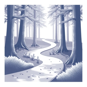 A winding pathway through a forest. The path is flanked by tall, towering trees with broad trunks and a dense canopy overhead. Sunlight filters through the leaves, creating patches of light and shadow on the ground. The ground is covered with fallen leaves and soft underbrush, adding texture to the scene. Occasional low shrubs and ferns dot the sides of the pathway, enhancing the sense of being immersed in nature.