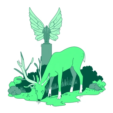 A green deer is grazing peacefully near the base of the "Angel of the North," a large steel sculpture. Surrounding the deer, there is lush greenery, including tall grass and various shrubs. The deer is positioned in a relaxed manner, with its head lowered to the ground, nibbling on the grass. The "Angel of the North" looms majestically behind the deer, its wings spread wide against the backdrop of a clear sky. The scene is tranquil, capturing the harmony between nature and art.