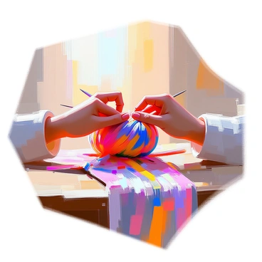 A pair of hands using fingers to knit a vibrant scarf. The hands are skillfully manipulating colorful yarn, with shades of red, blue, and yellow intertwined. The knitting needles rest between the fingers as the fabric begins to take shape. The background features a cozy setting, with a wooden table and a soft, inviting light illuminating the scene. The scarf drapes partially over the table, showcasing the intricate patterns created by the knitting process.